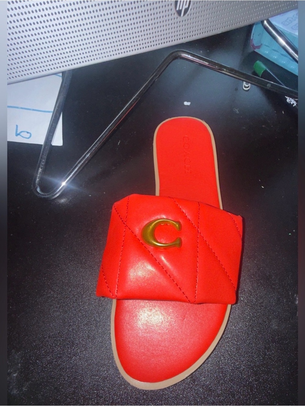 Coach Red  Slide Sandal with Gold 'C'